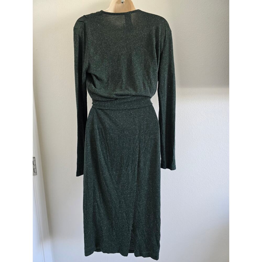 Eve Gravel Long Sleeve Faux Wrap Midi Dress Green Size S Silk Blend Minimalist - Picture 5 of 10